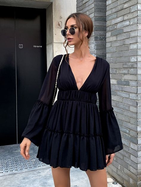 Missord Plunge Neck Frill Ruffle Hem Chiffon Dress Chiffon Beach Dress, Robes Glamour, Low Cut Dresses, Flare Long Sleeve, Chiffon Mini Dress, Dress Chiffon, Flounce Sleeve, Mongolia, Types Of Dresses