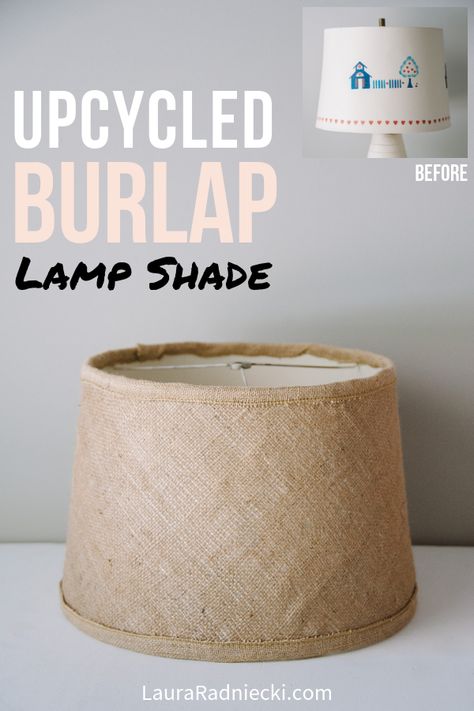 Wondering what to do with old lamp shades? Here is an upcycle DIY lampshade makeover using burlap! Easily cover a lamp shade in burlap (or other fabric using the same step-by-step technique with photos) and you've got a beautiful DIY burlap lamp shade that gives new life to an old lamp! #burlap #lampshade Diy Bell Lamp Shade Makeover, Lamp Shade Frame Diy, Burlap Lampshade Diy, Redo Lamp Shade Diy, How To Cover A Lamp Shade With Fabric, Diy Lamp Shade From Scratch, Jute Lamp Shade, Diy Lamp Shade Makeover, Lamp Shade Makeover