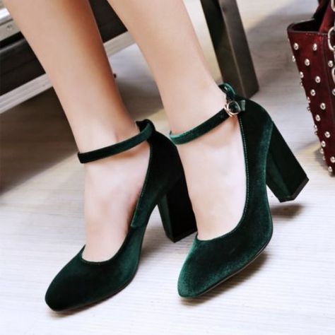 2017-Fashion-Women-039-s-Velet-High-Heels-Pumps-Shoes-Ankle-Strap-Party-Dress-Shoes Green Velvet Shoes, Straps Heels, Velvet Block Heels, High Heels Classy, Teal Velvet, Block Heel Pumps, Green Heels, Velvet Shoes, Velvet Heels