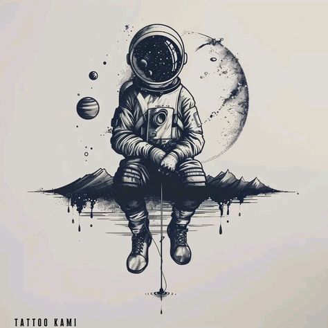 Cute Astronaut Tattoo, Astronaut Tattoo Design, Astronaut Sketch, Cosmos Drawing, Quad Tattoo, Calf Sleeve Tattoo, Space Tattoo Sleeve, Astronaut Artwork, Astronaut Drawing