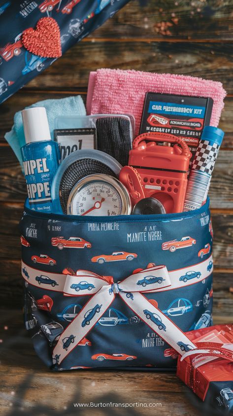 For the man who takes pride in his car, a car care gift basket is a practical yet thoughtful option. Use a plastic or fabric storage bin to hold car maintenance supplies. Add car cleaning products like wipes, polish, air fresheners, and microfiber towels. You can also include a tire gauge, a mini vacuum cleaner, or a car emergency kit. Wrap it in automotive-themed gift wrap and tie it with a ribbon featuring a car logo or design. This basket shows you care about his ride as much as he does. Car Care Gift Basket, Gift Basket Ideas For Husband, Car Care Basket, Valentines Gift Basket Ideas, Gift Basket Ideas For Him, Creative Gift Basket Ideas, Valentines Gift Basket, Car Cleaning Products, Creative Gift Baskets