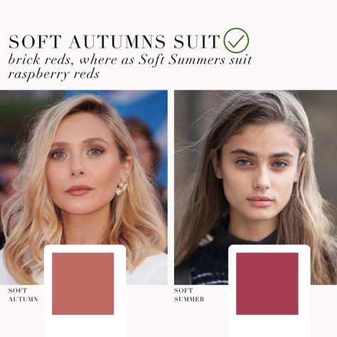 Soft Autumns suit brick reds whereas Soft Summers suit raspberry reds. Dakota Johnson Soft Summer, Smoky Soft Summer, Red For Soft Summer, Soft Summer Style Outfits, Soft Summer Red Lipstick, Soft Summer Vs Soft Autumn, Soft Summer Red, Soft Autumn Makeup Looks, Soft Summer Hair Color