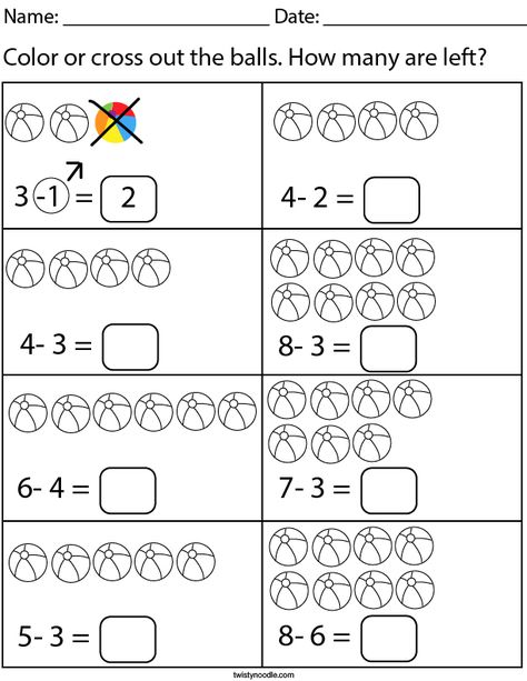 Ball Subtraction Math Worksheet - Twisty Noodle Subtraction Preschool, Third Grade Math Activities, Holiday Math Worksheets, Subtraction Games, Math Subtraction, Prek Math, Math Workbook, 1st Grade Math Worksheets, Subtraction Worksheets