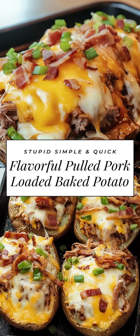 Image for Flavorful Pulled Pork Loaded Baked Potato Pork Stuffed Baked Potatoes, Pulled Pork Baked Potatoes, Bbq Stuffed Baked Potatoes, Pulled Pork Baked Potato Recipes, Pulled Pork And Potatoes, Baked Potato Dinner Ideas, Quick Pulled Pork, Baked Potato Fillings, Game Day Meals