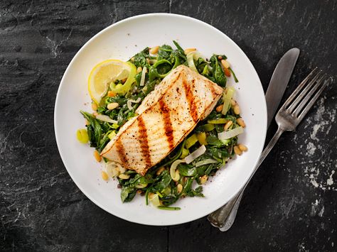 Orange Zested Halibut over Sautéed Garlicky Chard and topped with Crispy Leeks - JJ Virgin Swank Diet, Low Fat Diet Plan, Grilled Halibut, Snoring Remedies, Anti Snoring, Low Fat Diets, Sleep Problems, Healthy Eating Tips, Mediterranean Diet