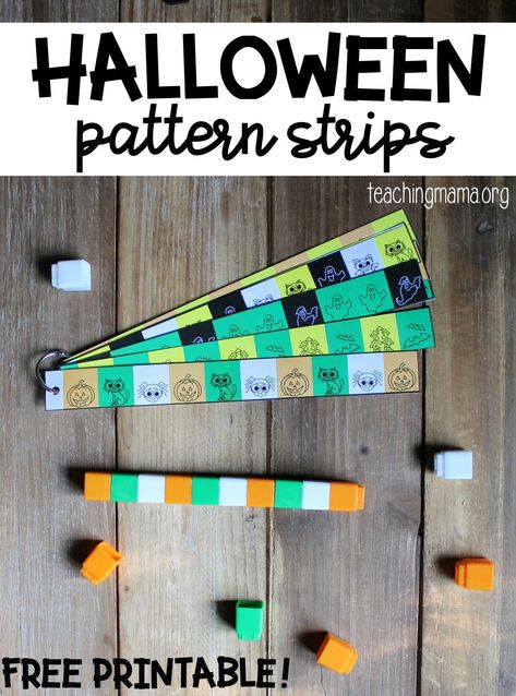 Halloween pattern strips Kindergarten Pattern Art, Pattern Activities Preschool, Halloween Math Activities Kindergarten, Halloween Math Stations, Kindergarten Reading Groups, Bats Craft, Kindergarten Halloween Activities, Halloween Activities For Kindergarten, Number Sense Games