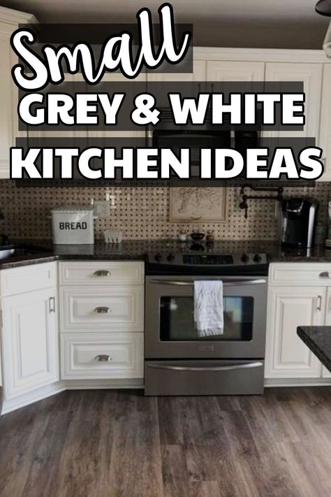 Small kitchen ideas - love these grey and white kitchens especially this tiny kitchen makeover with dark countertops and white cabinets! Kitchen Grey White Black, Small Kitchen Ideas Grey And White, White Kitchen Grey Countertops, Gray White Kitchen Ideas, Black White And Grey Kitchen Decor Ideas, White Kitchen Cabinets With Dark Countertops, Black Gray And White Kitchen, White Cabinets Kitchen Dark Countertops, White Cabinets Grey Walls