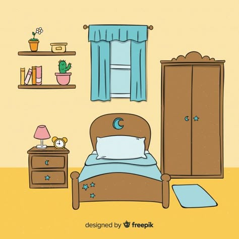 Lovely hand drawn bedroom design Free Vector Drawn Bedroom, Bed Cartoon, Bedroom Cartoon, Bedroom Illustration, Whatsapp Wallpapers Hd, Bedroom Drawing, Paper Doll House, Flashcards For Kids, Background Drawing