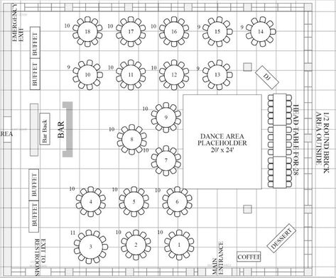 This reception had 205 guests with a buffet dinner and a DJ.  This client chose to dance on the brick floor. Event Floor Plan, Wedding Tent Layout, Wedding Chart, Wedding Floor Plan, Wedding Planner Job, Wedding Table Layouts, Wedding Illustrations, Wedding Table Setup, Brick Floor