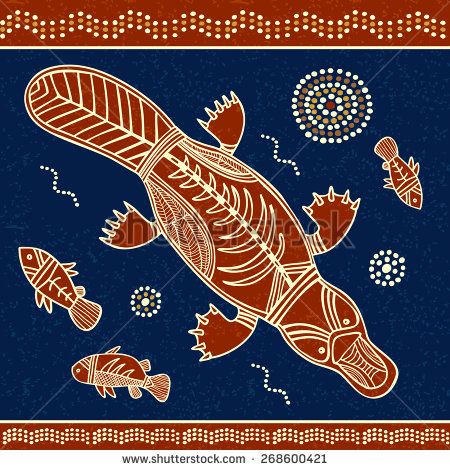 Platypus and fish vector illustration in australian aboriginal style  - stock vector Aboriginal Art Australian, Aboriginal Dreamtime, Aboriginal Art Symbols, Aboriginal Dot Painting, Indigenous Australian Art, Aboriginal Dot Art, Aboriginal Painting, Aboriginal Culture, Fish Vector