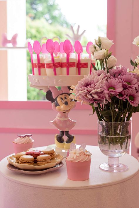 Minnie Garden Birthday Party  | CatchMyParty.com Minnie Tea Party Birthday, Minnie Mouse Tea Party Birthday, Minnie Mouse Dessert Table Ideas, Minnie Mouse Food Ideas, Minnie Mouse Dessert Table, Minnie Mouse Tea Party, Mouse Tea Party, Mouse Dessert, Minnie Mouse Birthday Party Ideas