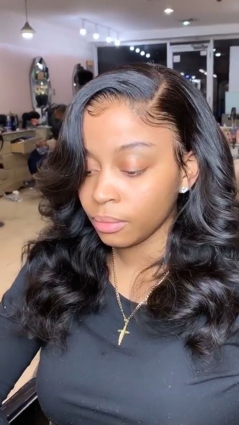 Medium Lace Front Wigs, Side Part Pressed Hair, Sew In With Curls Side Part, Silk Press Prom Hairstyle, Sewins Hairstyles Side Part Black Women, Side Part Frontal Sew In Body Wave, Sew In Hairstyles Short Curls, Side Part Hair Black Women, Side Part Wig Styles For Black Women