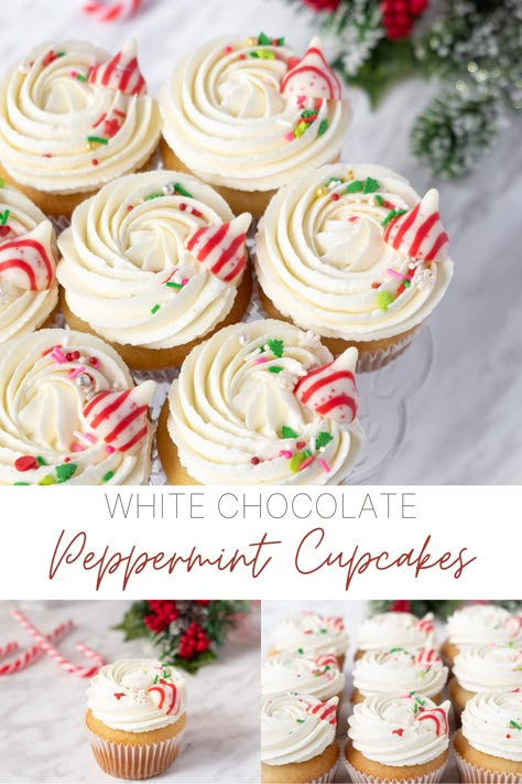 White Chocolate Peppermint Frosting, White Chocolate Peppermint Buttercream, Peppermint Cupcake Recipe, Christmas Inspired Cupcakes, White Chocolate Peppermint Cupcakes, Christmas Desserts Cupcakes, Vanilla Christmas Cupcakes, Winter Cupcake Recipes, Peppermint Cupcakes Christmas