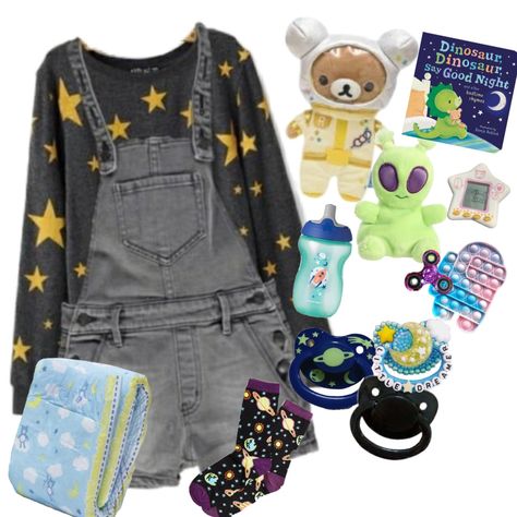 Blue Kidcore Outfit, Saturn Outfit Aesthetic, Littleforbig Outfits, Space Grunge Outfits, Cute Childish Outfits, Space Clothes Drawing, Lil Space Outfits, Age Re Outfits, Little Outfits Space