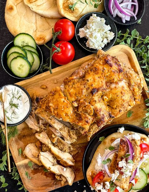 Loaf Pan Chicken Gyros Chicken Gyro Baked In Loaf Pan, Chicken Gyro Loaf Pan, Greek Chicken Loaf Pan, Loaf Pan Chicken Shawarma, Gyro Chicken Recipe, Loaf Pan Chicken, Chicken Gyros Recipe, Chicken Loaf, Gyros Recipe