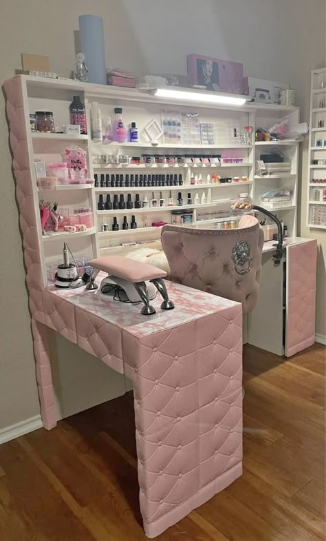 Nail Room Painting Ideas, Basement Nail Room, Nail Tech Desk Setup Bedroom, Nail Station Setup, Tiny Nail Salon Ideas, Nail Tech Station At Home Ideas, Nail Room Set Up At Home Ideas, Nail She Shed, Nail Desk Aesthetic