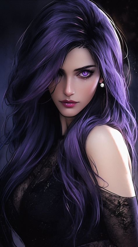 Purple Hair Witch Art, Purple Woman Art, Purple Hair Girl Art, Purple Haired Witch, Vampire Art Female, Purple Hair Character, Women In Purple, Indigo Hair, Monster Pictures