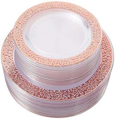 Amazon.com: 96pcs Rose Gold Plastic Plates, Disposable Plates with Lace Rim, Clear Plates for Party Includes: 48 Dinner Plates 10.25 Inch and 48 Salad/Dessert Plates 7.5 Inch: Home & Kitchen Diy Wedding Decor Ideas, Gold Plastic Plates, Plates Kitchen, Plastic Lace, Clear Plates, Gold Plates, Diy Wedding Decor, Salad Dessert, Disposable Plates