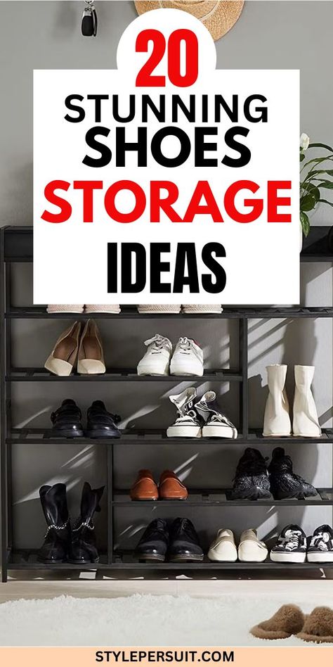 Get inspired with 20 clever shoe storage ideas for every area! From a sleek shoe cabinet to a DIY shoe rack for small spaces or garage shoes ideas, maximize your storage. Try IKEA closet hacks, floor-to-ceiling shelving, and closet shoe storage that work in any entryway, bedroom, or outdoor front door area! Best Shoe Organization, Entryway Shoe Storage Diy, Storing Shoes Ideas, Garage Shoe Rack Ideas, Diy Garage Shoe Storage, Shoe Storage Ideas For Garage, Diy Shoe Rack Ideas Small Spaces, Shoe Rack Ideas Bedroom, Shoe Storage With Doors