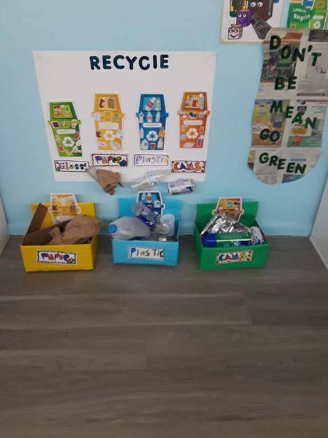 Recycling Classroom Ideas, Recycle Theme Preschool, Recycling Activities For Kindergarten, Recycling Activity For Kids, Recycling For Preschoolers, Recycling Ideas For Preschoolers, Recycle Activities, Kindergarten Environment Activities, Recycle Activities For Kids