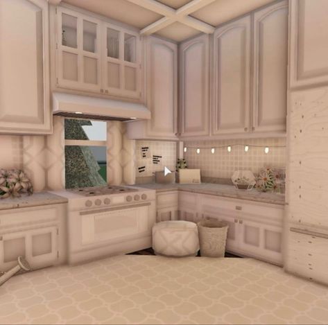 Bloxburg Cafe Kitchen Ideas, Bloxburg Pink Kitchen, Bloxburg Pink House Exterior, Coquette Kitchen Bloxburg, Bloxburg House Inside, Bloxburg Kitchen Ideas Aesthetic, Bloxblug House, Luxury House Plans Bloxburg, Big Kitchen Ideas