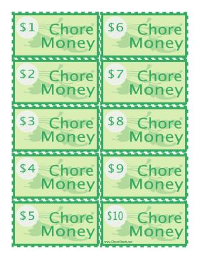 This printable features green chore money bills with amounts ranging between one and ten dollars. Free to download and print Chore Money Printable, Chore Money, Chore Rewards, Chore Board, Printable Money, Money Printables, Indoor Activities For Toddlers, Money Bill, Age Appropriate Chores