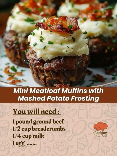 Bobby Flay Community - We Love To Eat ! | Mini Meatloaf Muffins with Mashed Potato Frosting Mini Meatloaf With Mashed Potatoes, Meatloaf Muffins With Mashed Potatoes, Mini Meatloaf Muffins, Gluten Free Family Meals, Meatloaf Cupcakes, Lite Recipes, The Best Meatloaf, Mini Meatloaf, Mini Meatloafs