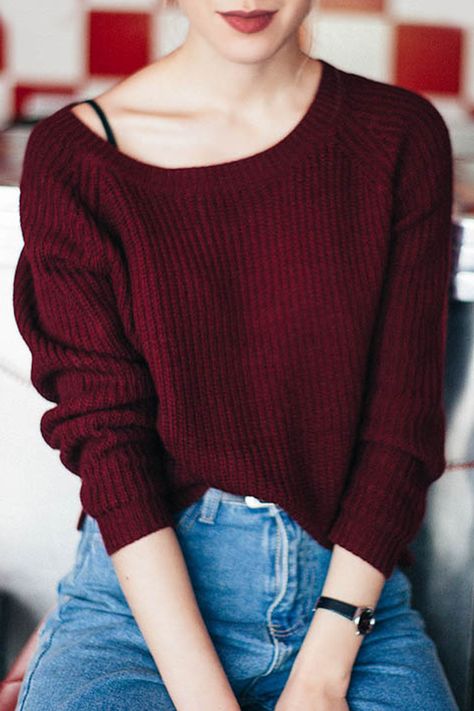 $14.99 for Wine Red Boat Neck Sweater WINE RED: Sweaters | ZAFUL Wine Red Sweater, Pullover Outfit, Retro Pin Up, Shirts Graphic, Mode Casual, Boatneck Sweater, Red Sweater, Loose Sweater, Sweaters And Jeans