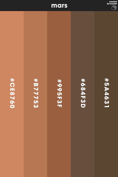 Mars Planet inspired colour palette. Providing valuable a colour palette which can be used to colour different designs, whether that be logos, illustrations or related branded content. (Created by Iceydel - Graphic Designer & Illustrator) Mars Color Palette, Mars Logo, Mars Planet, Planet Colors, Planet Mars, Branded Content, Colour Palette, Graphic Designer, Mars