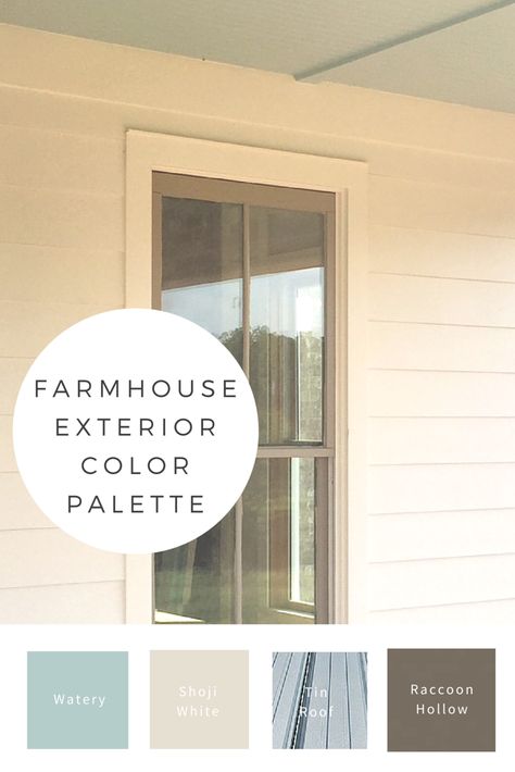 My favorite color palette for a farmhouse exterior with a tin roof. Porch ceiling Watery blue, Shoji white, and window sashes in Raccoon Hollow. House Exterior Colors Blue, White Window Trim, Farmhouse Exterior Colors, Farmhouse Color Scheme, Exterior Color Palette, Shoji White, Porch Remodel, Farm House Colors, Farmhouse Porch