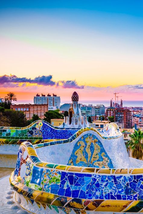 Color your next Viking ocean cruise vacation with the whimsical creations of Antoni Gaudí in Barcelona's vibrant and lush Park Güell, an iconic UNESCO World Heritage Site and Spanish hub. #myvikingstory #wanderlust #bucketlist #fall #autumn #winter #summer #spring #mustsee #sightseeing #destinations  #mediterranean #spain Gaudi Park Guell, Barcelona Park Guell, Parque Guell, Park Guell Barcelona, Viking Ocean Cruise, Roman Wall, Royal Plaza, Parc Guell, Gaudi Architecture