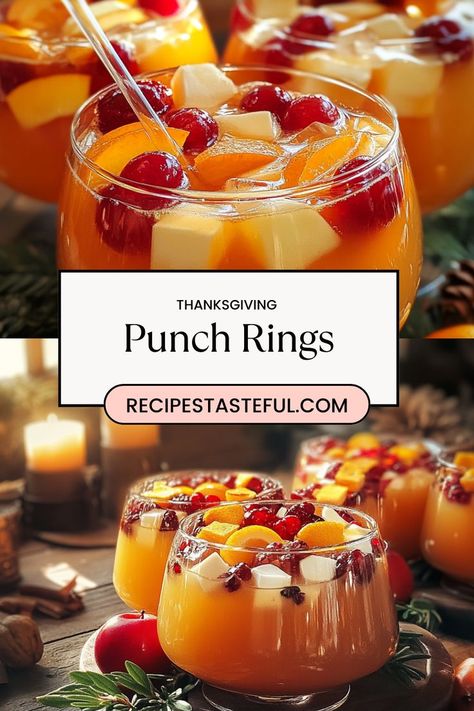 Thanksgiving Punch Rings are a fun and festive way to serve holiday drinks at your Thanksgiving gathering. Made by freezing a blend of fruit juice and spices in a bundt pan, these colorful ice rings keep your punch chilled while adding a beautiful touch to the table. Perfect for both kids and adults, they elevate any holiday drink with a burst of flavor and a festive flair. Festive Punch, Thanksgiving Punch, Ice Ring, Holiday Drink, Bundt Pan, Ginger Ale, Holiday Drinks, Cranberry Juice, Sparkling Water