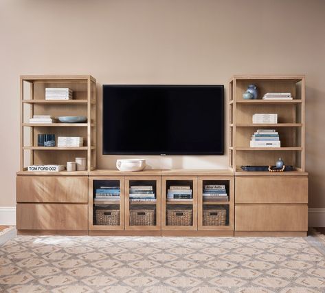 Pacific Entertainment Center (136") | Pottery Barn Double Glass Doors, Media Furniture, Construction Crafts, Display Cabinets, Primary Bedroom, Glass Cabinet Doors, Kiln Dried Wood, Glass Cabinet, Color Tones