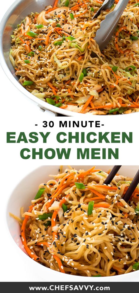 Easy Chicken Chow Mein Recipe. Authentic stir fried noodles, vegetables and chicken cooked in a rich savory sauce. Everything is cooked in one skillet and it is ready in under 30 minutes! | chefsavvy.com #recipe #healthy #chicken #Chinese Chicken Chowmein Recipe Stir Fry, Stir Fry Noodle Recipes, Easy Chicken Chow Mein Recipe, Vietnam Recipes, Chicken Chow Mein Recipe Easy, Easy Chicken Chow Mein, Easy Chow Mein Recipe, Chicken Chow Mein Recipe, Stir Fried Noodles