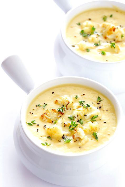 This Creamy Cauliflower Soup recipe is comfort food you can feel GOOD about. It's made with healthier ingredients, it's quick and easy to make, and it is so comforting and tasty. | gimmesomeoven.com (Vegan | Gluten-Free) Diet Soup Recipes, Creamy Cauliflower Soup, Cauliflower Soup Recipes, Creamy Cauliflower, Soup Diet, Cauliflower Soup, Idee Pasto Sano, Cauliflower Recipes, Healthy Ingredient