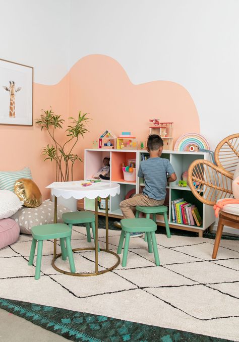 Rompus Room, Colorful Bookcase, Colour Blocking Interior, Book Shelf Styling, Joy Cho, Painted Bookshelves, Colorful Playroom, Colorful Kids Room, Kids Playroom Decor