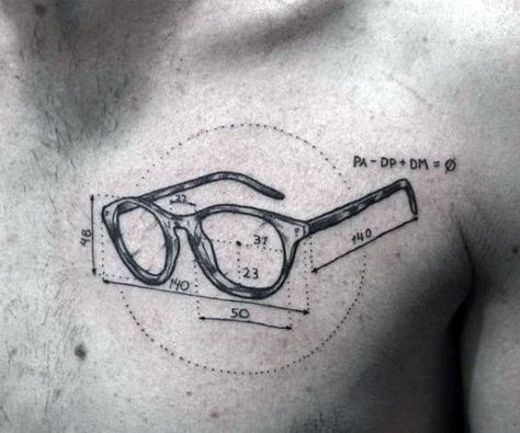 Measurements Glasses Mens Upper Chest Manly Tattoo Ideas Optician Tattoo, Tattoo Glasses, Micro Tattoo, Horrible Tattoos, Eyewear Store Design, Master Tattoo, Stick Poke Tattoo, Glasses Tattoo, Tattoo Maker