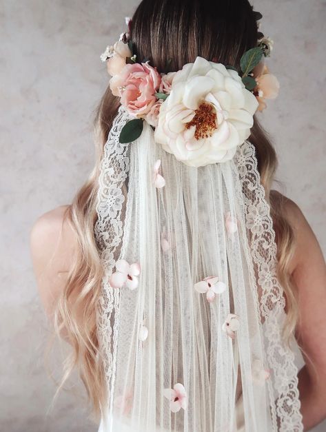 Flower Crown Veil, Lace Wedding Veil With Flowers, Ivory Wedding Veil, Woodland Wedding Headpiece, Floral Crown, Cathedral Veil, Boho Bride - Etsy Floral Headdress Wedding, Boho Veil Bohemian Bride Floral Crowns, Wedding Floral Veil, Wedding Veil Boho, Wedding Hairstyles With Flower Crown And Veil, Bride Flower Crown Veil, Unique Bridal Veils, Unique Bridal Accessories, Boho Veil Bohemian Bride