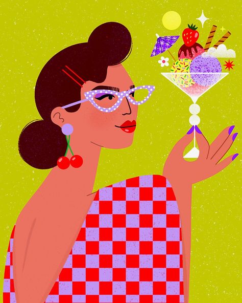 Woman with cocktail illustration. Art by Kitty O’Rourke Cocktail Illustration, Sunny Vibes, Raining Outside, Have A Great Week, Bday Cards, Woman Illustration, Creative Illustration, Great Week, Vector Character