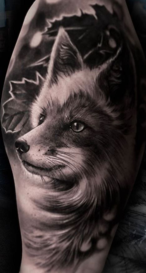 << Check out more Fox Tattoos, Ideas and Meanings #tattoomenow #tattooideas #tattoodesigns #tattoos #fox #animal Mens Fox Tattoo, Fox Tattoos Men, Fox Leg Tattoo, Black And Grey Animal Tattoos, Fox Tattoo Realistic, Fox Sleeve Tattoo, Fox Tattoo Sleeve, Fox Tattoo Black And White, Realistic Fox Tattoo