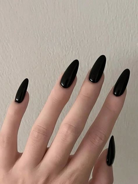 Black Chipped Nails Aesthetic, Black Acrylic Nails Aesthetic, Sharp Black Nails Aesthetic, Long Nail Designs Winter, Almond Shaped Black Nails, Black Oval Acrylic Nails, Black Nail Designs Stiletto, Medium Length Black Nails, Medium Black Nails