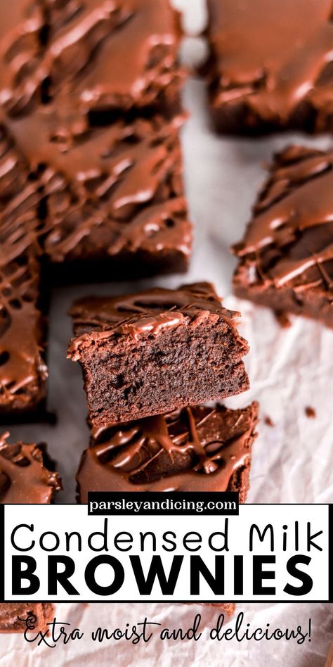 These sweetened condensed milk brownies are super rich and fudgy. Condensed milk makes these brownies extra moist and delicious! They’re topped with an easy condensed milk hot fudge sauce! #brownies #chocolatelover #yummydessert #moistbrownies #baking101 Sweetened Condensed Milk Desserts, Condensed Milk Brownies, Milk Chocolate Brownies, Homemade Sweetened Condensed Milk, Cocoa Powder Brownies, Chocolate Fudge Sauce, Milk Chocolate Chip Cookies, Brownie Recipes Healthy, Icing Recipes