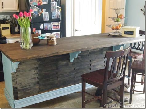 After turning this dresser into a kitchen island, this blogger used wood shims to dress up the back of the island and give it a unique, rustic look. Kitchen Island Makeover, Builder Grade Kitchen, Kitchen Island Diy, Dresser Kitchen Island, Dresser Design, Kitchen Colour Schemes, Diy Kitchen Island, Diy Dresser, Kitchen Redo