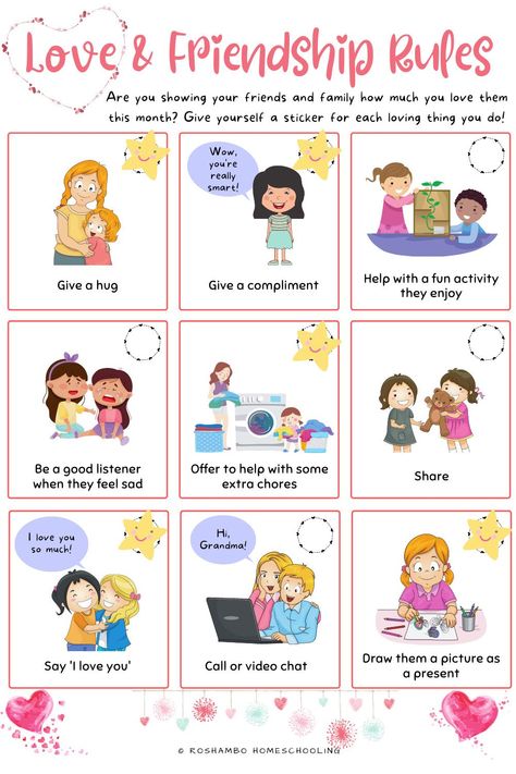 Free printable classroom poster for homeschool for teaching kids about love and friendship! Teach preschool, kindergarten, and elementary school children about social and emotional learning with this fun Valentine's Day activity about how to express love and kindness to friends and family. Use it as a sticker chart to add 'emotional intelligence' and 'emotional regulation' to your classroom or homeschool curriculum! #freeprintableworksheet #printableworksheet Friendship Day Kindergarten Ideas, Friendship Preschool Activities Free Printables, Poster Friendship, Friendship For Kids, Love And Friendship, Kindness Posters For Kids, Friends And Family, Friendship Day Activities For Kids, Best Friends Activities