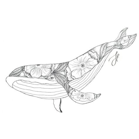 Flower Whale Tattoo, Sea Animals With Flowers Tattoo, Flower Animal Drawing, Tattoo Ideas Sea Animals, Whale Tattoo With Flowers, Whale And Flower Tattoo, Whale Flowers Tattoo, Whale Flower Tattoo, Crosshatch Tattoo