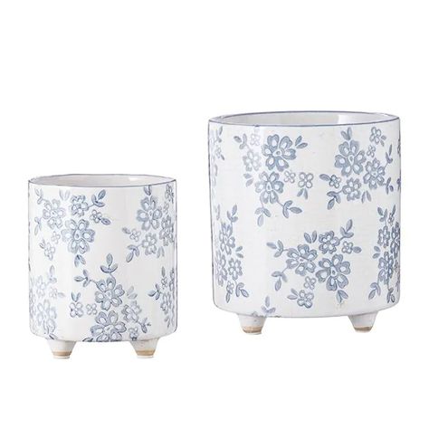 Set of 2 Footed Ceramic Transferware Planters | Antique Farmhouse Vintage Farmhouse Style, Blue Floral Pattern, Blue Home Decor, Vintage Elegance, Antique Farmhouse, Blue Decor, Blue House, Vintage Farmhouse, Ceramic Planters