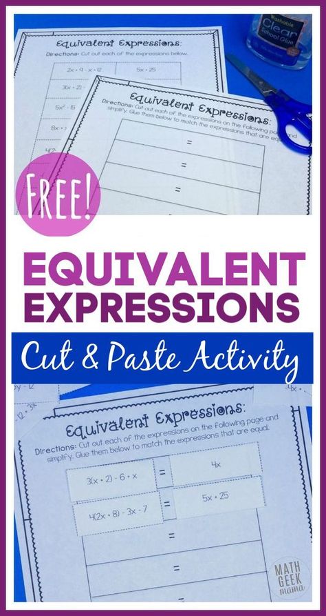 This is such a fun and simple way for kids to practice simplifying and evaluating expressions. Encourage algebraic thinking! #algebrafoundation #equivalentexpressions #freeprintables #mathresources #cutandpaste #mathskills Workshop Activities, Equivalent Expressions, Simplifying Expressions, Math Expressions, Algebra Activities, Sixth Grade Math, Multiplication Games, Combining Like Terms, Math Geek