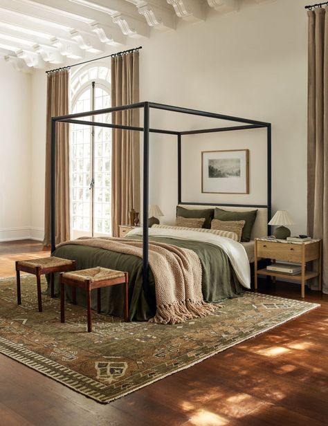 Canopy Bed Nightstands, Black Post Bed Frame, Black Frame Canopy Bed, Black King Canopy Bed, Farmhouse Canopy Bed Pottery Barn, Black Wood Canopy Bed, Canopy Bed Interior Design, Cozy Bedroom Canopy Bed, Moody Bedroom Four Poster Bed