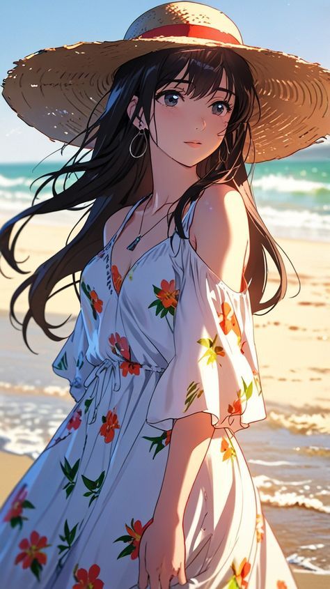 Anime Hair Flowing, Anime Sundress, Anime Beach Outfit, Hot Springs Outfit, Ghibli Background, Hair Flowing, Peaceful Day, Studio Ghibli Background, Anime Summer