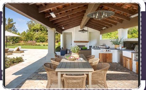 Ranch Outdoor Kitchen, Covered Dining Area Outdoor Spaces, Modern Spanish Outdoor Kitchen, Santa Barbara Style Outdoor Kitchen, Spanish Style Homes Outdoor, Outdoor Tuscan Kitchen, Mediterranean Outdoor Living, Spanish Style Bbq Area, Spanish Outdoor Kitchen Hacienda Style